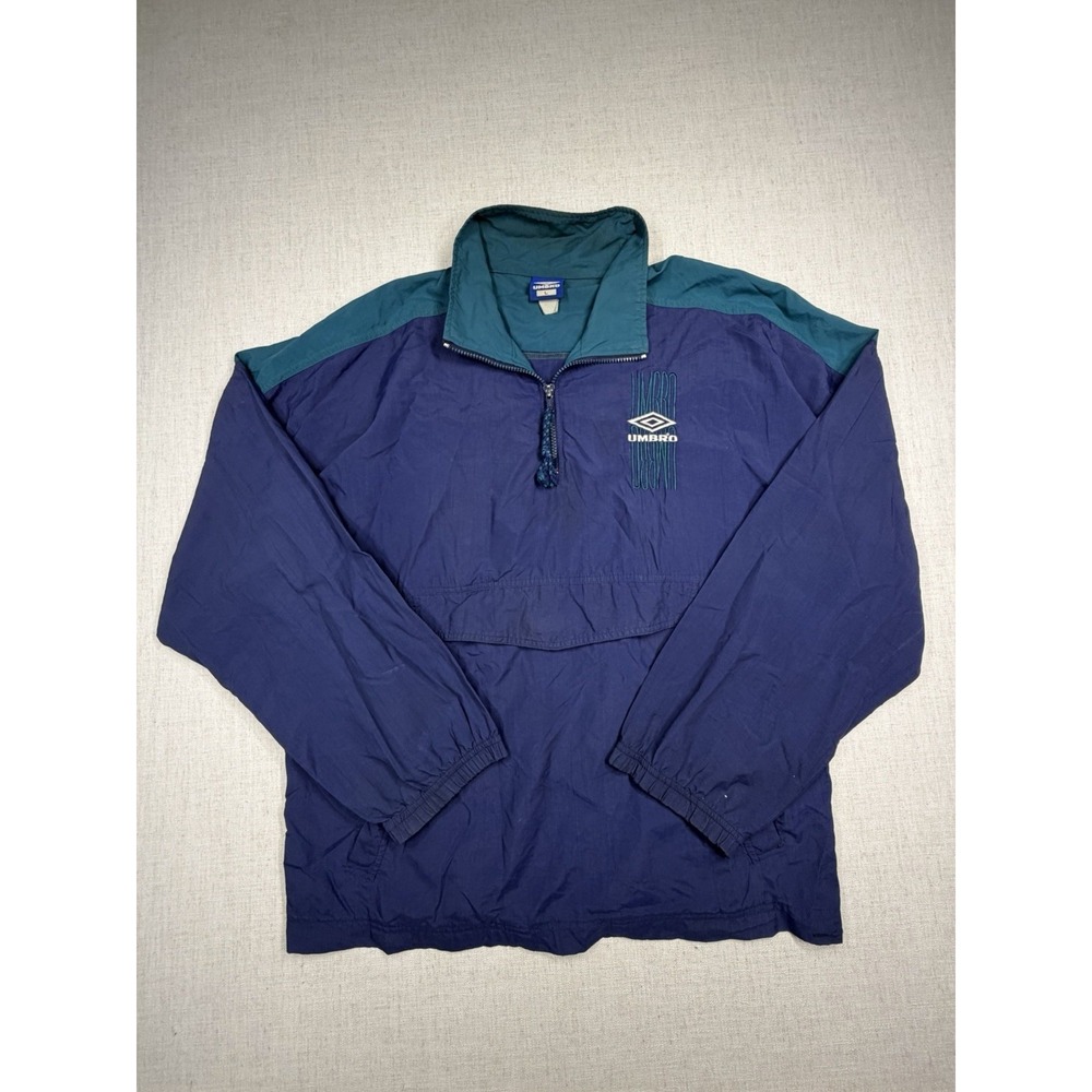 Vintage Umbro Windbreaker Pullover Jacket Mens L Blue Green 1/4 Zip